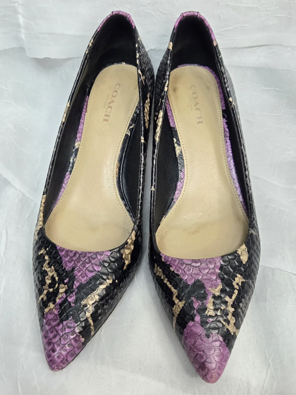 Coach Lacey Python Embossed Leather Purple + Black Snakeskin Pointed Toe Size 7B